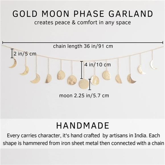 Moon Phase Wall Hanging, Handmade Hammered Gold Metal 13 Moons 36" Garland - Picture 5 of 6